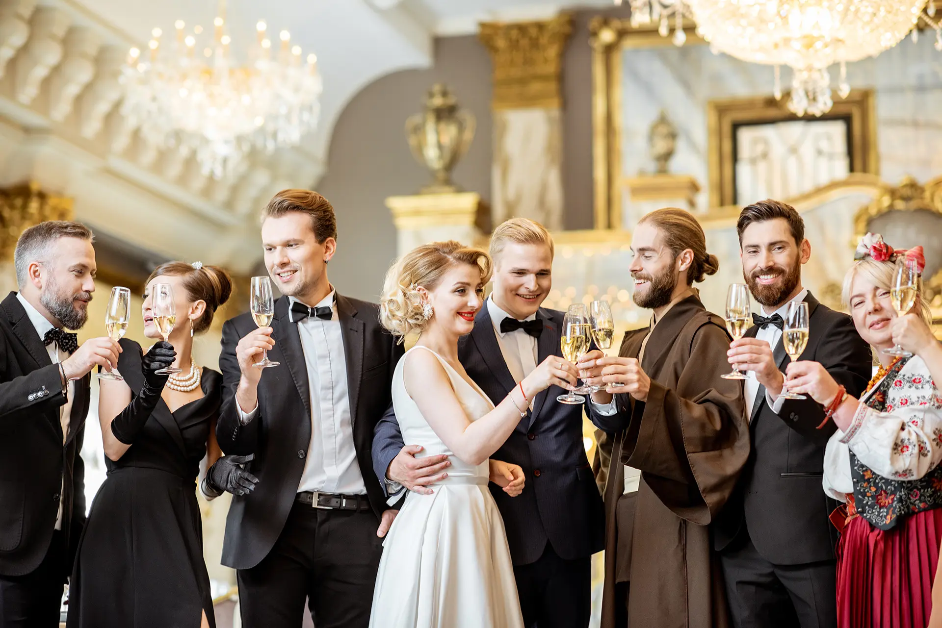 Eine elegante Gesellschaft feiert in festlicher Atmosphäre, ihre strahlenden Lächeln unterstreichen die Wirkung von Bleaching für ein perfektes Aussehen.