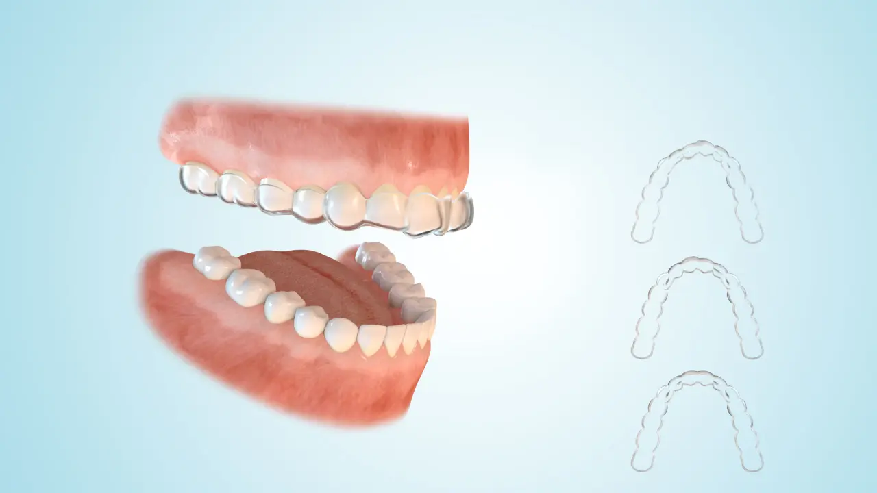 Eine 3D-Darstellung von unsichtbaren Zahnspangen (Alignern). Transparente Aligner ermöglichen eine unauffällige Zahnregulierung für Kinder und Jugendliche.